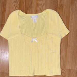 The Prairie Rachel Ashwell Yellow Ribbed Knit Top Bow Accent Pointelle XL